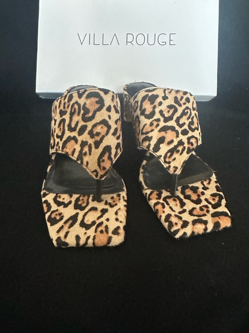 Villa Rouge Leopard Print Thong Danica Sandals - Tan & Black square toe 90’s